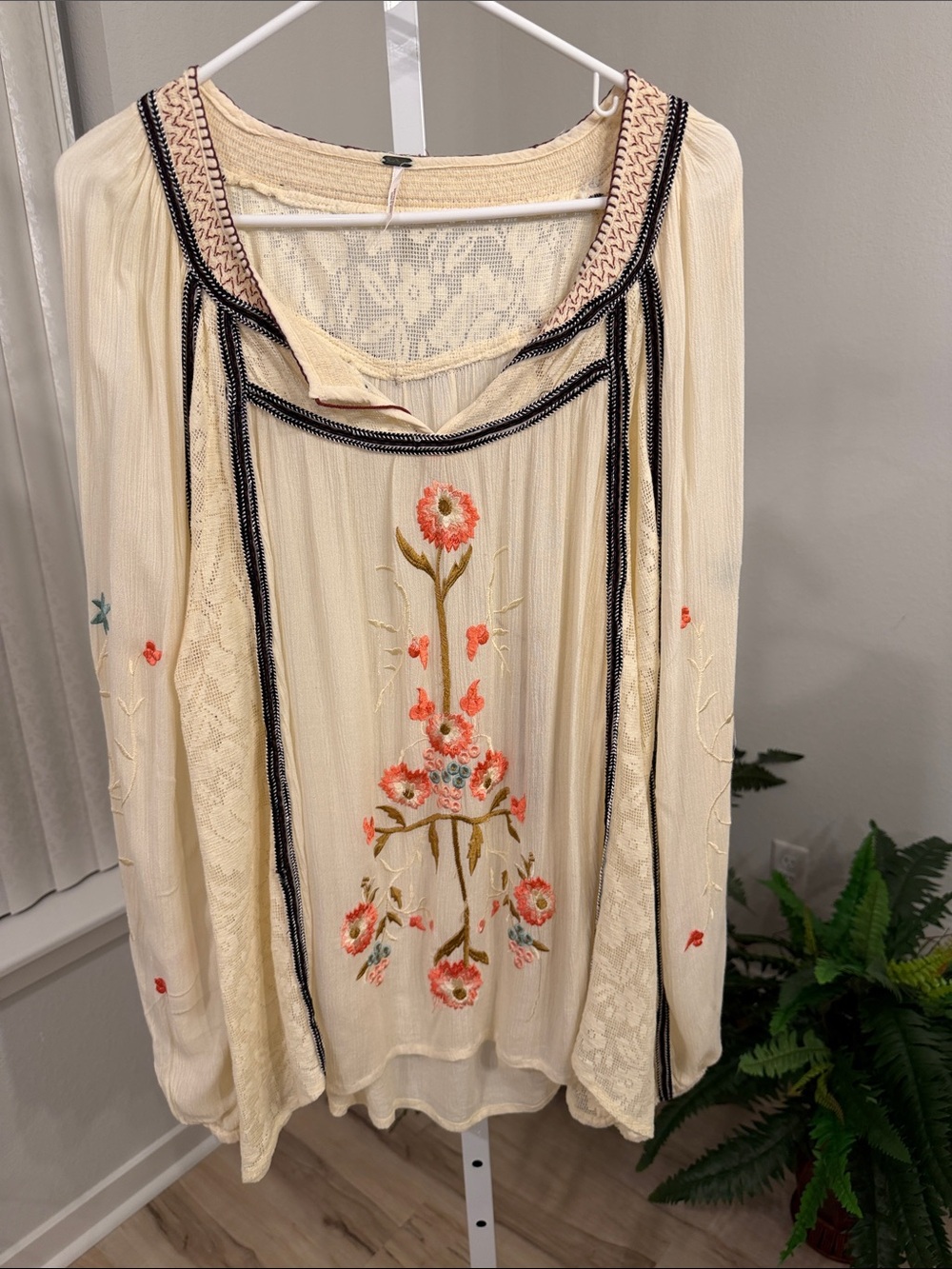 Women's Cream Boho Embroidered Peasant Top